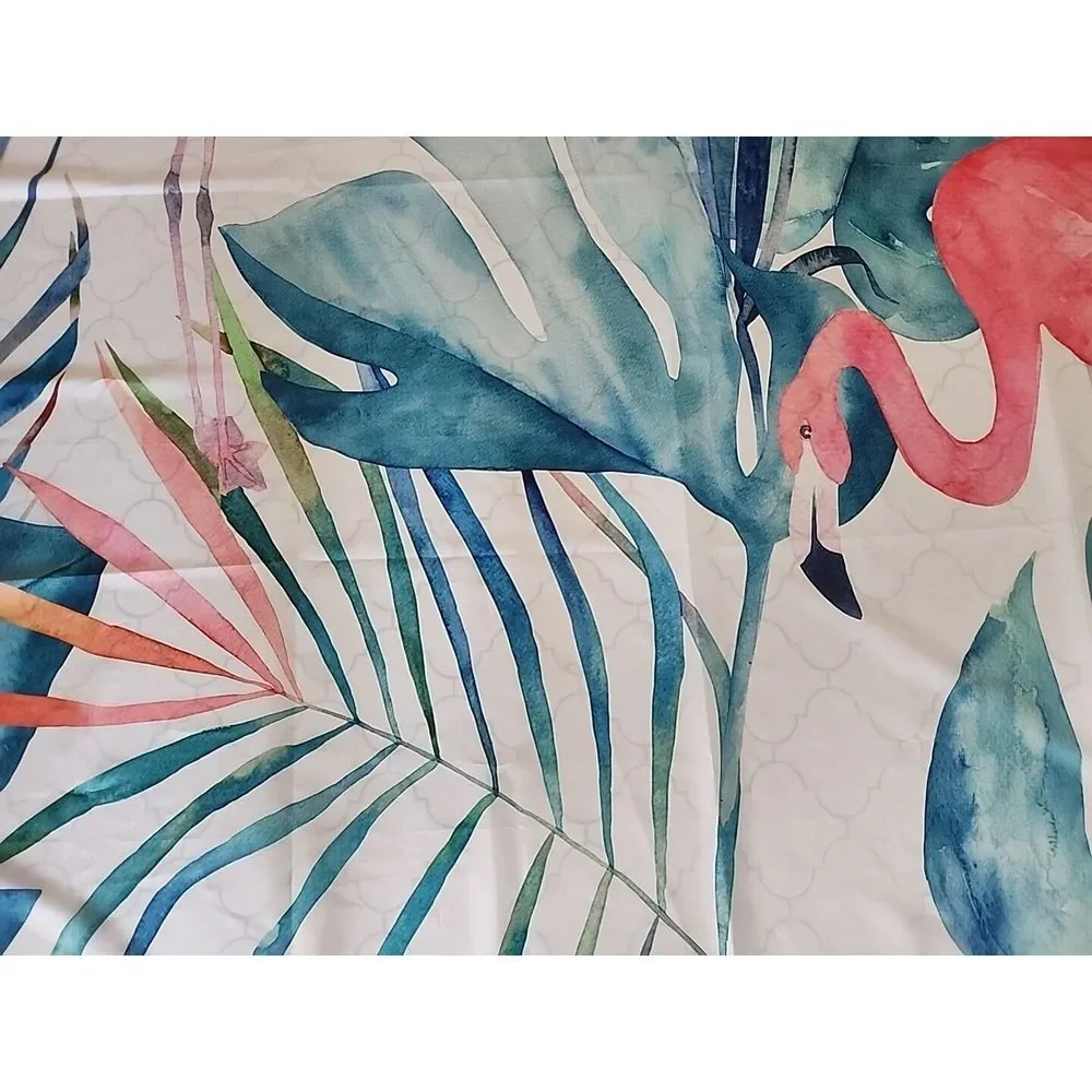 EXTRA LONG Shower Curtain Coastal Pink Flamingos w/ Teal Palm Fronds 71